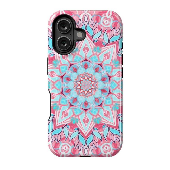 iPhone 16 StrongFit Bright Boho Aqua and Pink Mandala by Micklyn Le Feuvre