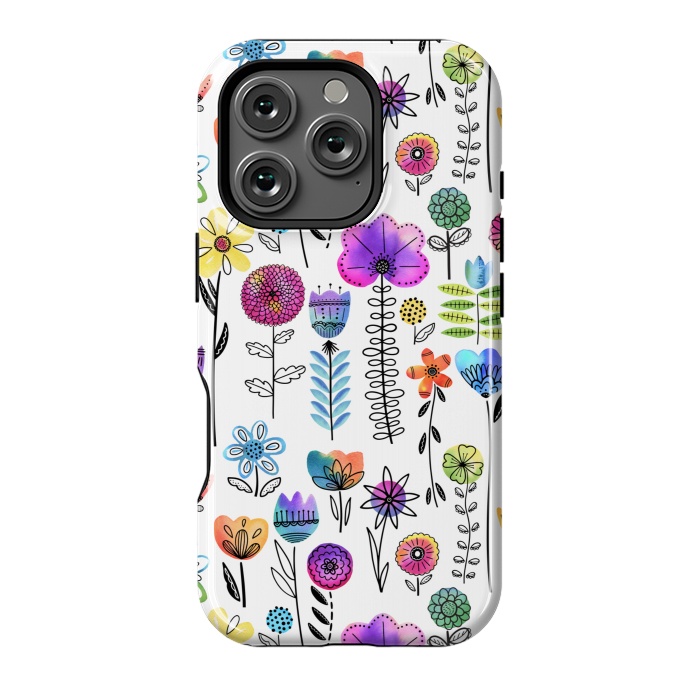 iPhone 16 Pro StrongFit Bright Watercolor and Line Art Flowers by Noonday Design