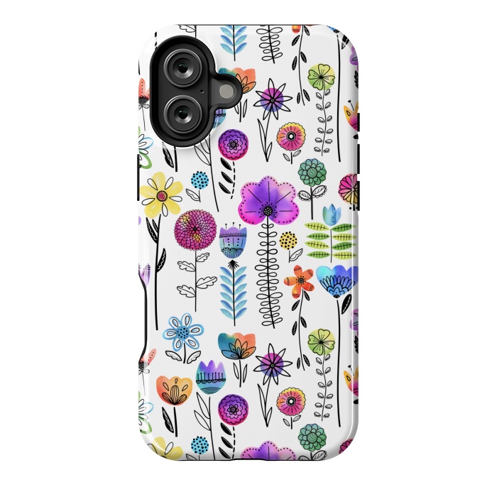 iPhone 16 Plus StrongFit Bright Watercolor and Line Art Flowers by Noonday Design