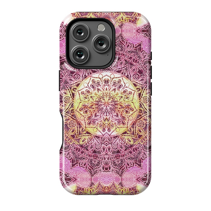 iPhone 16 Pro StrongFit Pink yellow solar ethnic mandala drawing by Oana 