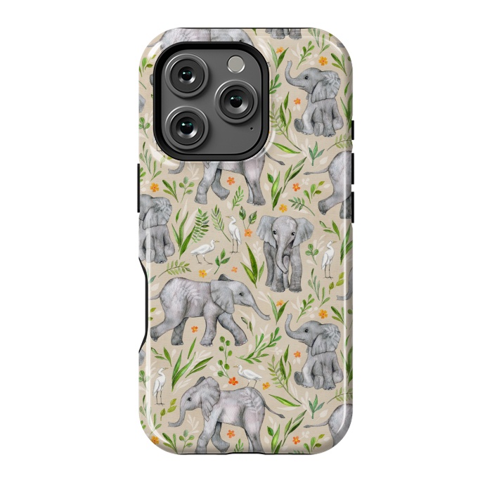 iPhone 16 Pro StrongFit Little Watercolor Elephants and Egrets on Neutral Cream by Micklyn Le Feuvre