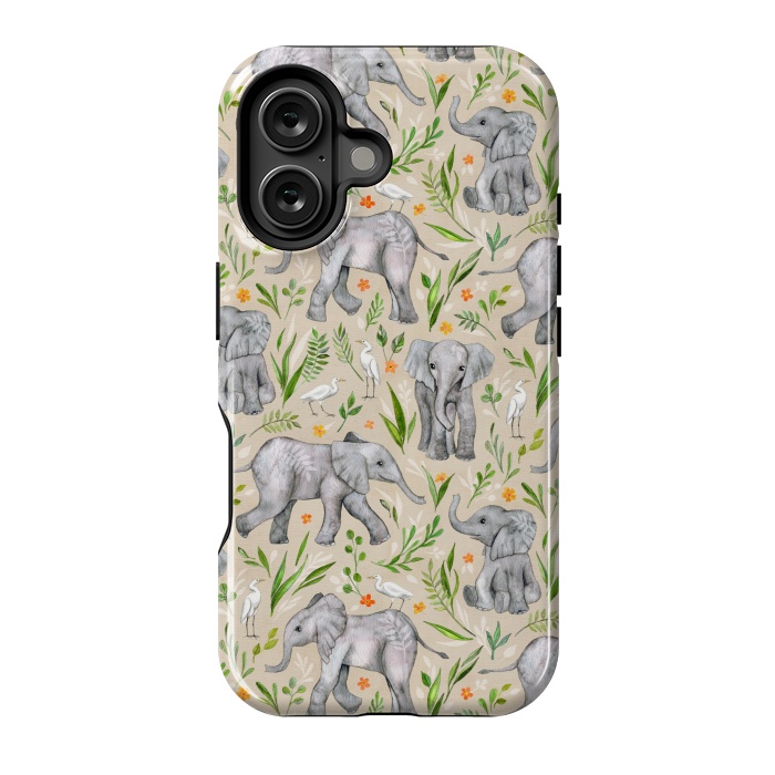 iPhone 16 StrongFit Little Watercolor Elephants and Egrets on Neutral Cream by Micklyn Le Feuvre