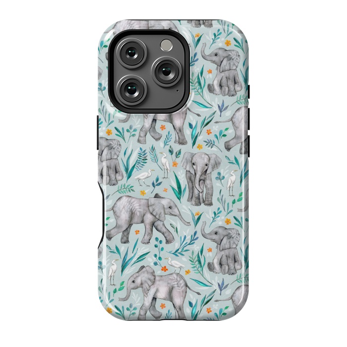 iPhone 16 Pro StrongFit Little Watercolor Elephants and Egrets on Light Blue by Micklyn Le Feuvre