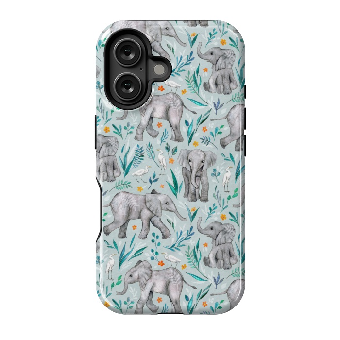 iPhone 16 StrongFit Little Watercolor Elephants and Egrets on Light Blue by Micklyn Le Feuvre