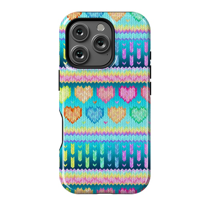 iPhone 16 Pro StrongFit Cozy Knit with Rainbow Hearts on Teal Blue by Micklyn Le Feuvre