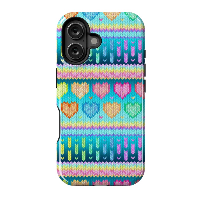 iPhone 16 StrongFit Cozy Knit with Rainbow Hearts on Teal Blue by Micklyn Le Feuvre