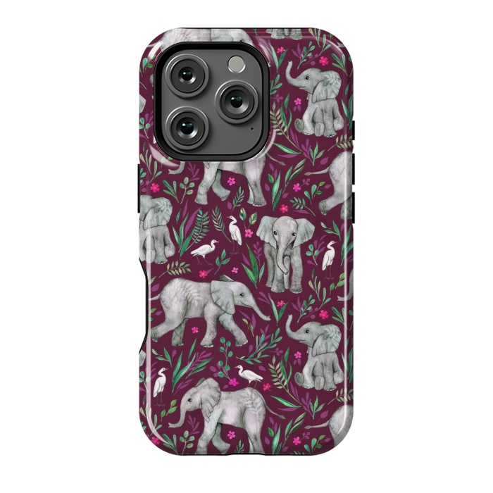 iPhone 16 Pro StrongFit Little Watercolor Elephants and Egrets on Burgundy Red by Micklyn Le Feuvre