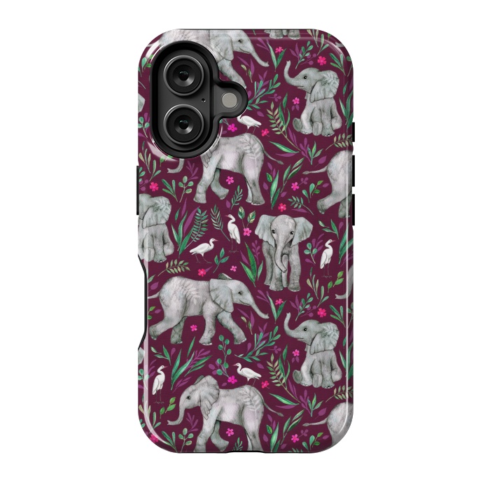 iPhone 16 StrongFit Little Watercolor Elephants and Egrets on Burgundy Red by Micklyn Le Feuvre