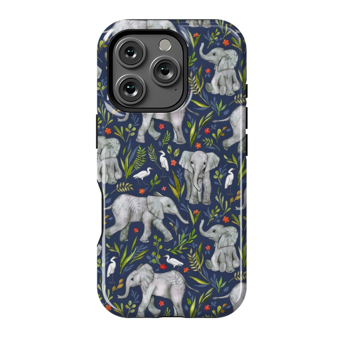 iPhone 16 Pro StrongFit Little Watercolor Elephants and Egrets on Navy Blue by Micklyn Le Feuvre