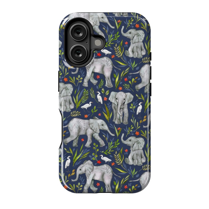 iPhone 16 StrongFit Little Watercolor Elephants and Egrets on Navy Blue by Micklyn Le Feuvre