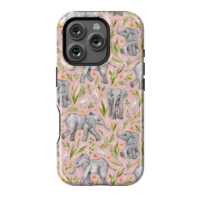 iPhone 16 Pro StrongFit Little Watercolor Elephants and Egrets on Blush Pink  by Micklyn Le Feuvre