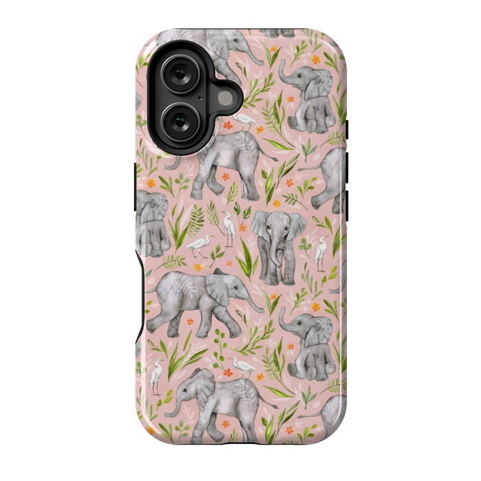 iPhone 16 StrongFit Little Watercolor Elephants and Egrets on Blush Pink  by Micklyn Le Feuvre