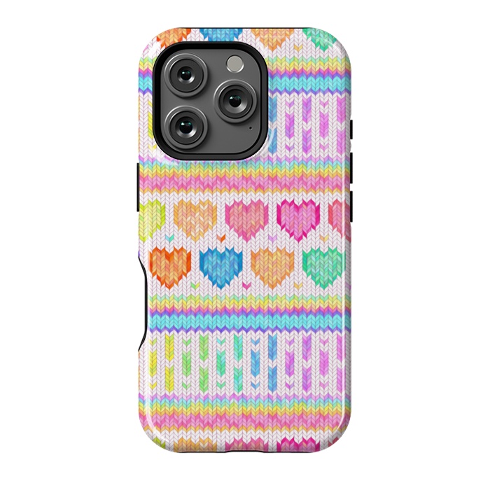 iPhone 16 Pro StrongFit Cozy Knit with Rainbow Hearts on Off White by Micklyn Le Feuvre