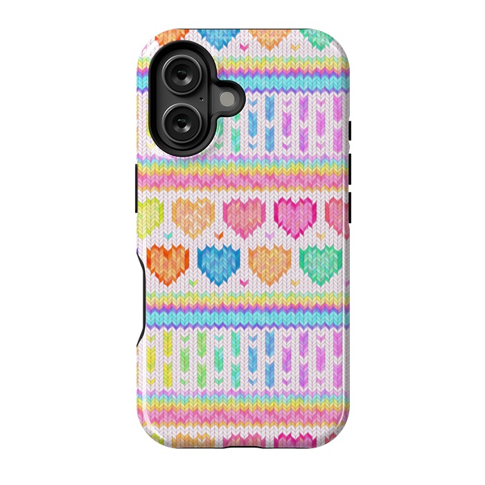 iPhone 16 StrongFit Cozy Knit with Rainbow Hearts on Off White by Micklyn Le Feuvre