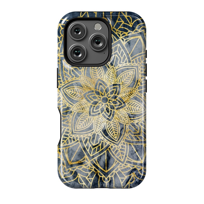 iPhone 16 Pro StrongFit Golden flower mandala on dark blue marble by Oana 