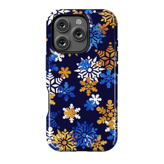 iPhone 16 Pro StrongFit Blue, gold, white snowflakes by Oana 