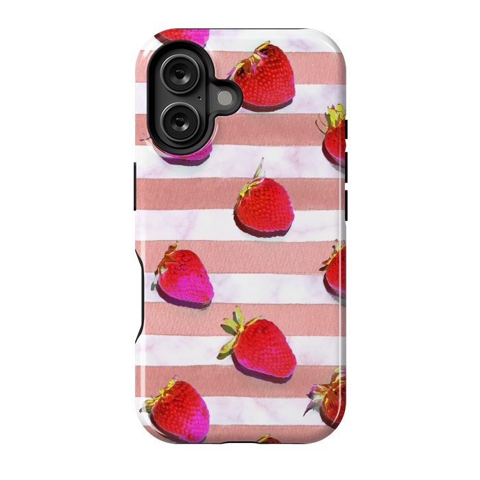 iPhone 16 StrongFit strawberries on watercolor painted stripes by Oana 