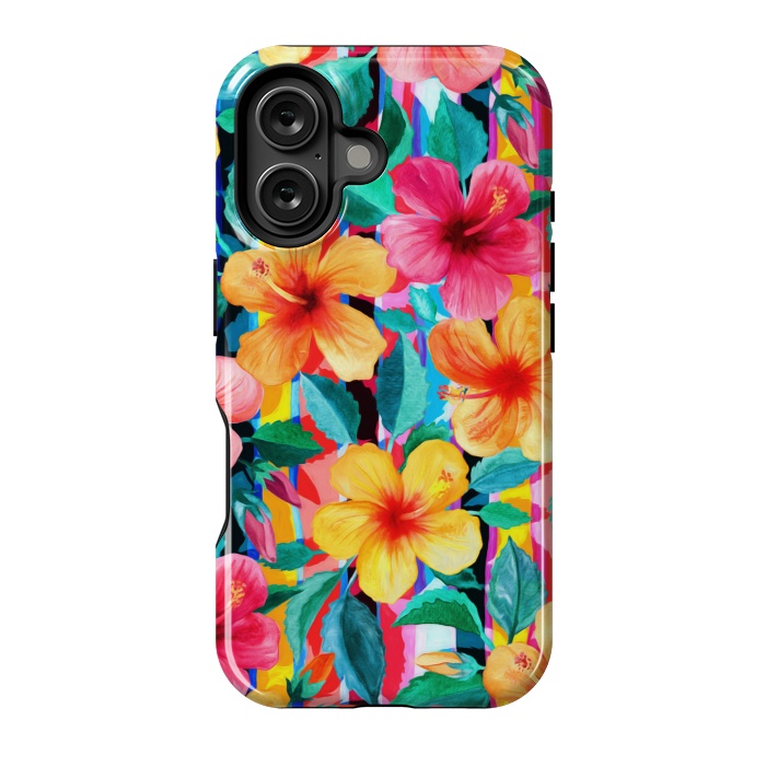 iPhone 16 StrongFit OTT Maximalist Hawaiian Hibiscus Floral with Stripes by Micklyn Le Feuvre