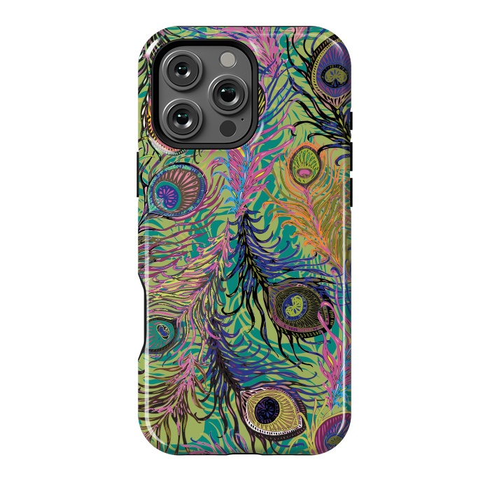 iPhone 16 Pro Max StrongFit Peacock Feathers in Lime Green & Pink by Lotti Brown