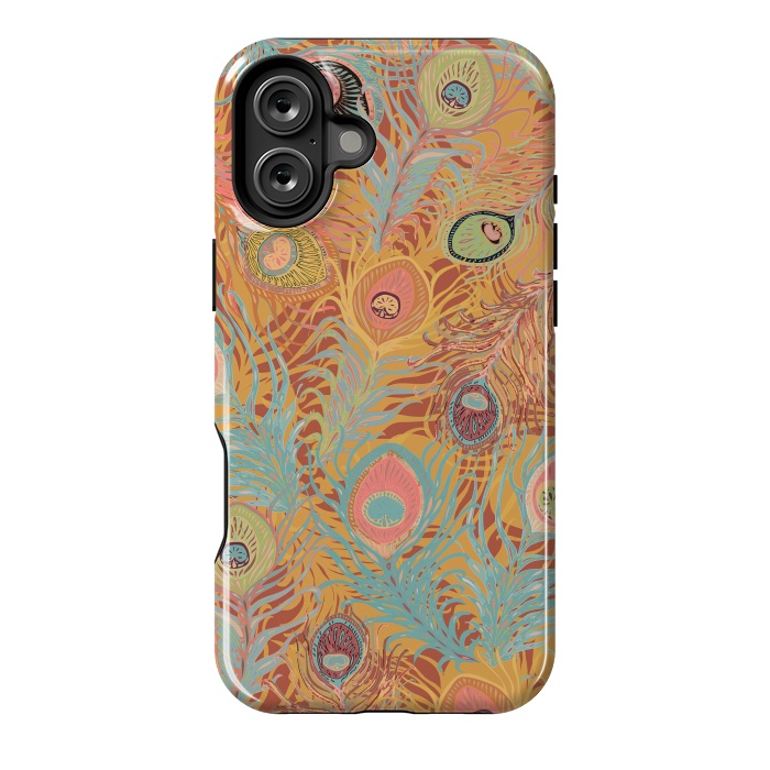 iPhone 16 Plus StrongFit Peacock Feathers - Soft Coral by Lotti Brown