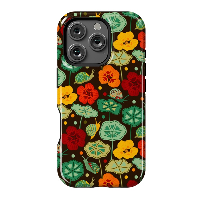 iPhone 16 Pro StrongFit Nasturtiums & Snails On Brown  by Tigatiga