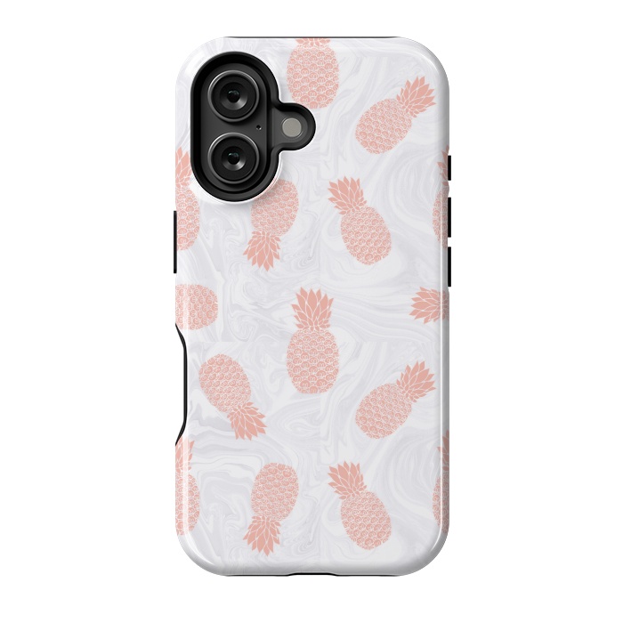 iPhone 16 StrongFit Pink Pineapples on White Marble by Julie Erin Designs