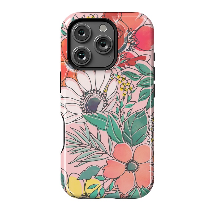 iPhone 16 Pro StrongFit Cute girly pink floral hand drawn design by InovArts