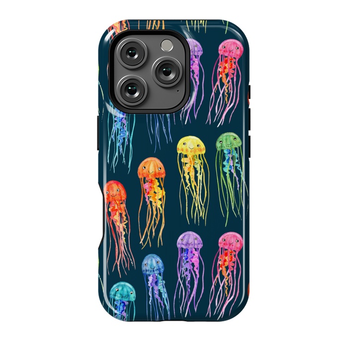 iPhone 16 Pro StrongFit Little Cute Rainbow Jellyfish on Dark by Micklyn Le Feuvre