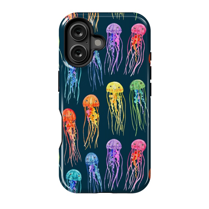 iPhone 16 StrongFit Little Cute Rainbow Jellyfish on Dark by Micklyn Le Feuvre