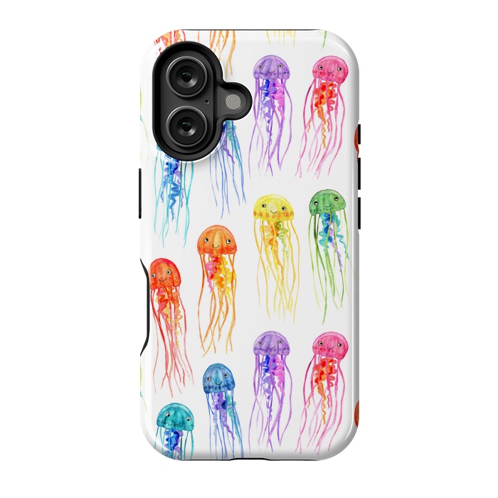 iPhone 16 StrongFit Cute Little Rainbow Jellyfish on White by Micklyn Le Feuvre