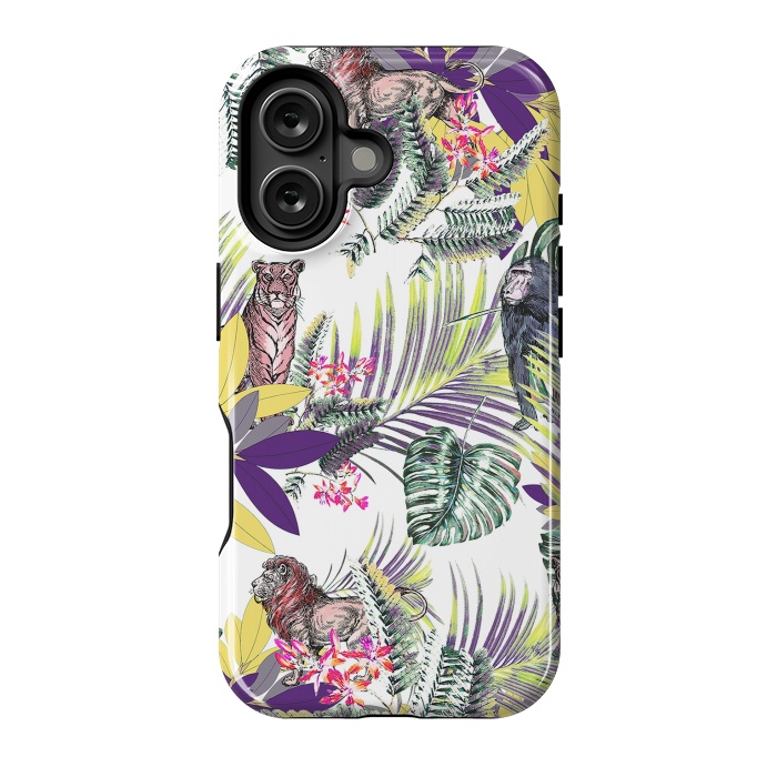 iPhone 16 StrongFit Colorful jungle leaves and wild animals pattern by Oana 