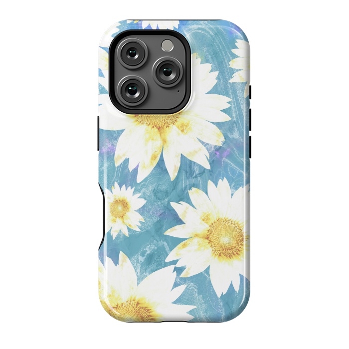 iPhone 16 Pro StrongFit White sunflowers on baby blue marble by Oana 