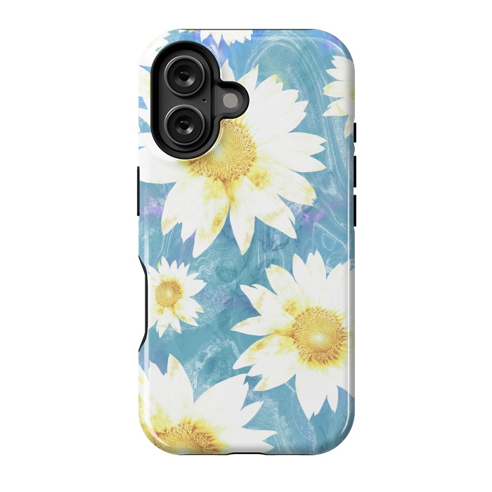 iPhone 16 StrongFit White sunflowers on baby blue marble by Oana 