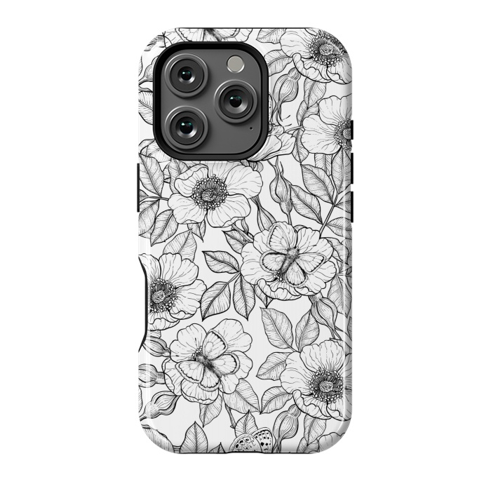 iPhone 16 Pro StrongFit Dog rose and butterflies b&w by Katerina Kirilova