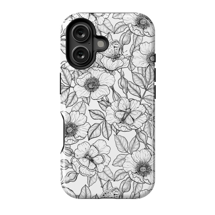 iPhone 16 StrongFit Dog rose and butterflies b&w by Katerina Kirilova