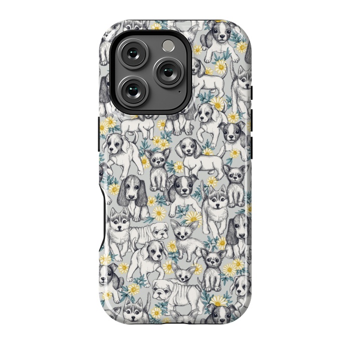 iPhone 16 Pro StrongFit Dogs and Daisies on Grey by Micklyn Le Feuvre