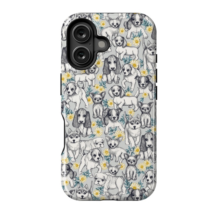 iPhone 16 StrongFit Dogs and Daisies on Grey by Micklyn Le Feuvre