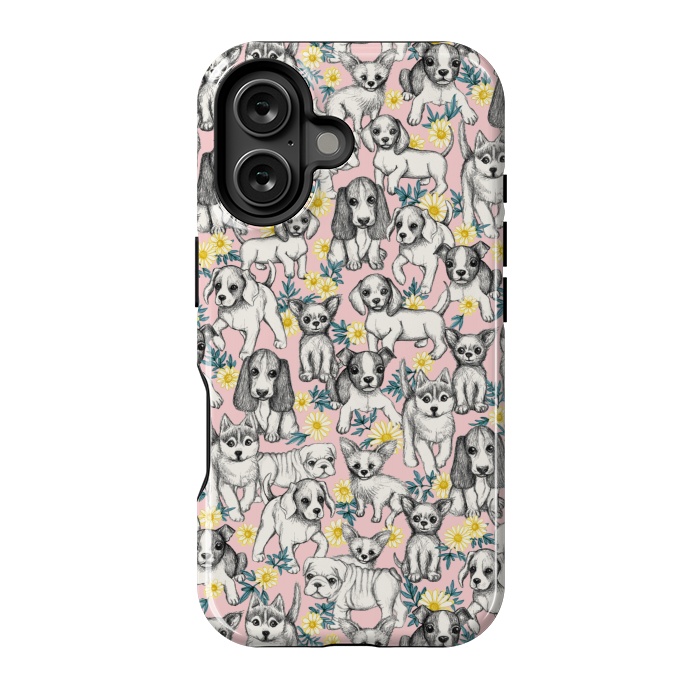 iPhone 16 StrongFit Dogs and Daisies on Pink by Micklyn Le Feuvre