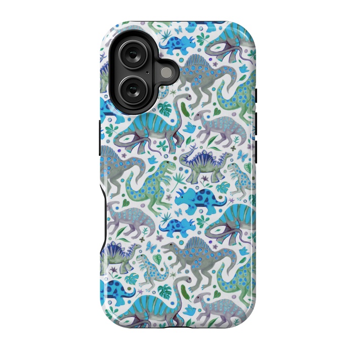 iPhone 16 StrongFit Happy Dinos in blue and green by Micklyn Le Feuvre