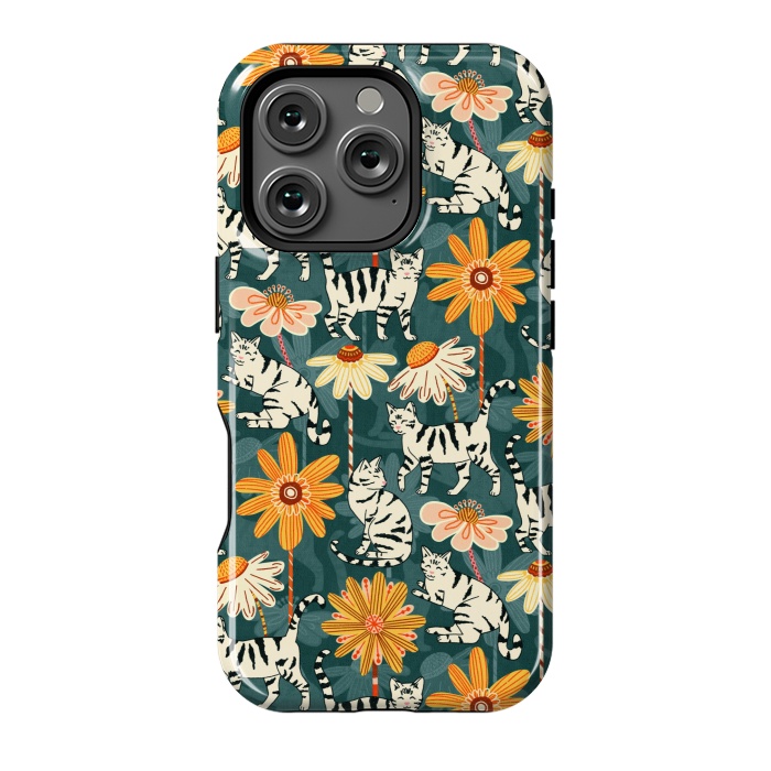 iPhone 16 Pro StrongFit Daisy Cats - Teal by Tigatiga