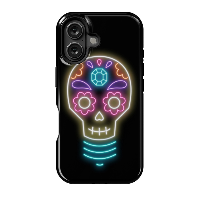 iPhone 16 StrongFit Neon sugar skull lightbulb by Laura Nagel