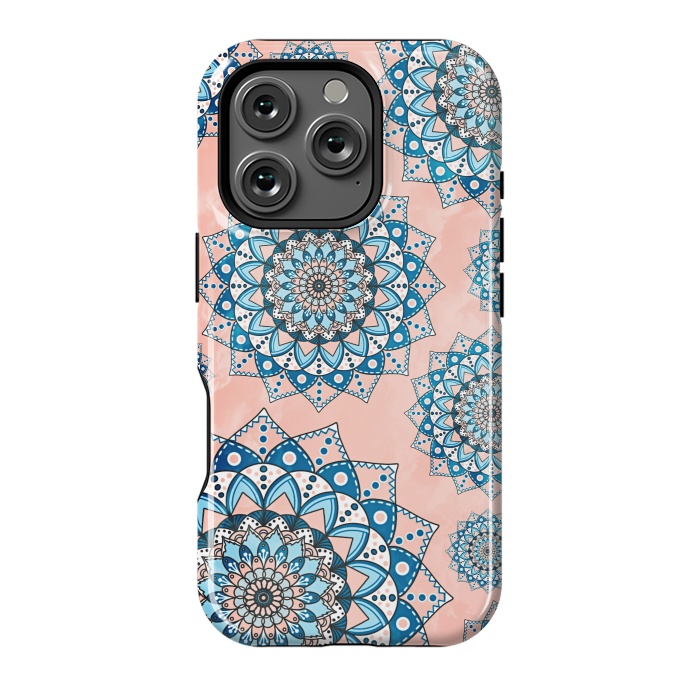 iPhone 16 Pro StrongFit Blue peach mandala flowers by Jms