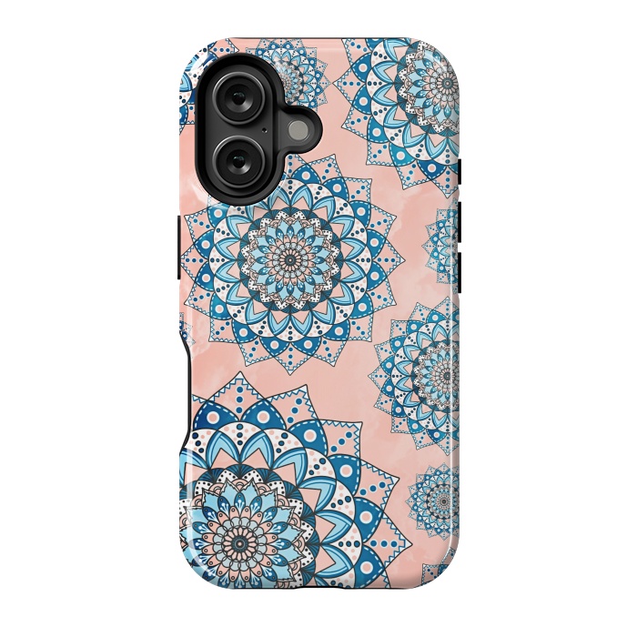 iPhone 16 StrongFit Blue peach mandala flowers by Jms