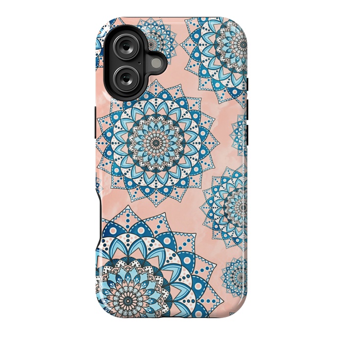 iPhone 16 Plus StrongFit Blue peach mandala flowers by Jms