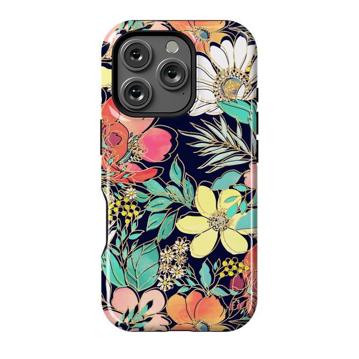 iPhone 16 Pro StrongFit Cute girly pink floral golden strokes design by InovArts