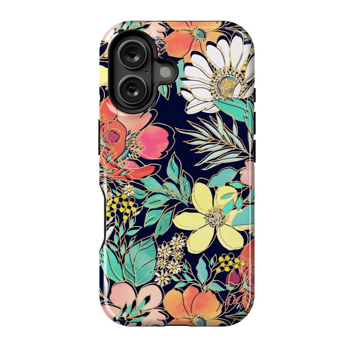 iPhone 16 StrongFit Cute girly pink floral golden strokes design by InovArts