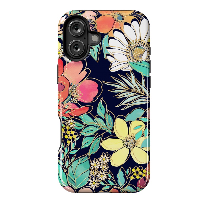 iPhone 16 Plus StrongFit Cute girly pink floral golden strokes design by InovArts