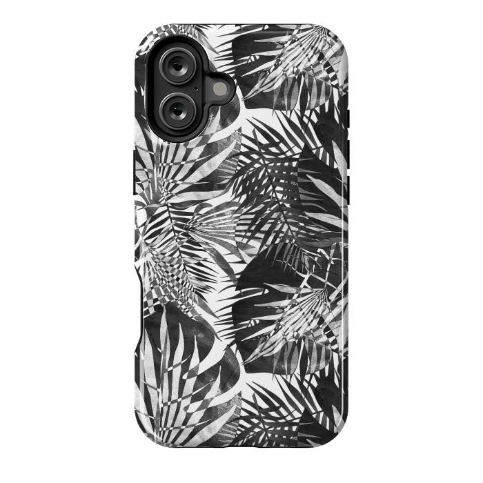 iPhone 16 Plus StrongFit Black and white tropical leaves illusion by Oana 