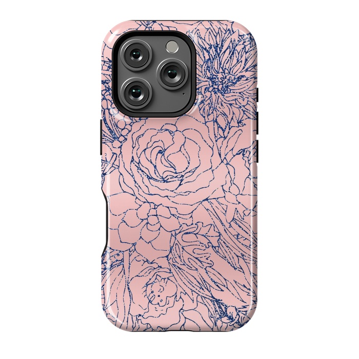 iPhone 16 Pro StrongFit Stylish Metallic Navy Blue and Pink Floral Design by InovArts