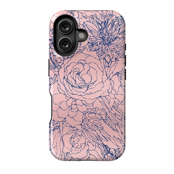 iPhone 16 StrongFit Stylish Metallic Navy Blue and Pink Floral Design by InovArts